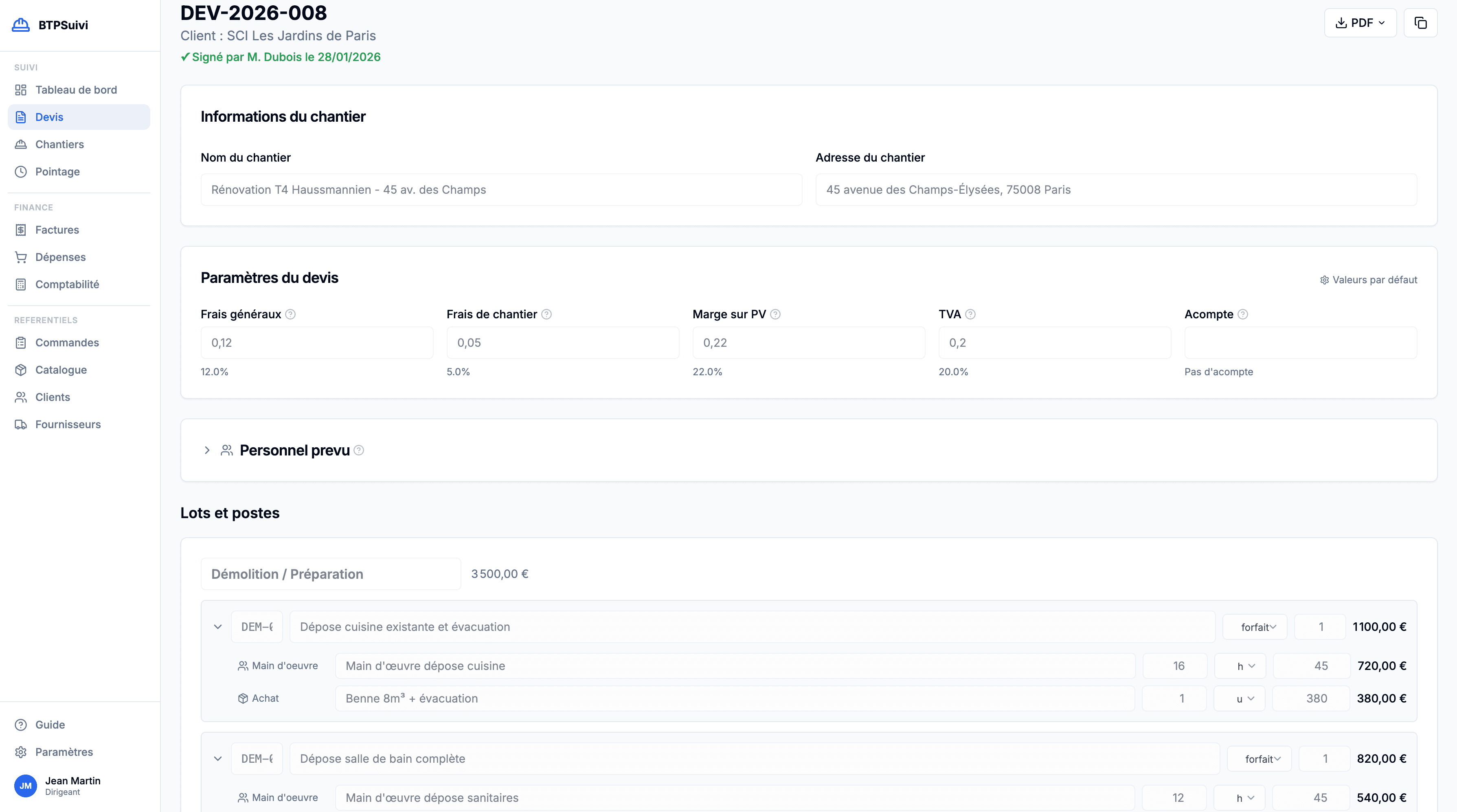 Devis détaillé BTPSuivi — lots, postes, paramètres, DPGF